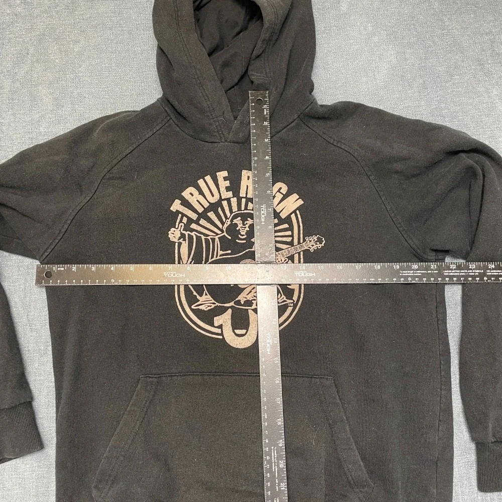 True Religion Hoodie Mens M Black Fleece Lined Buddha Graphic Pullover Cozy